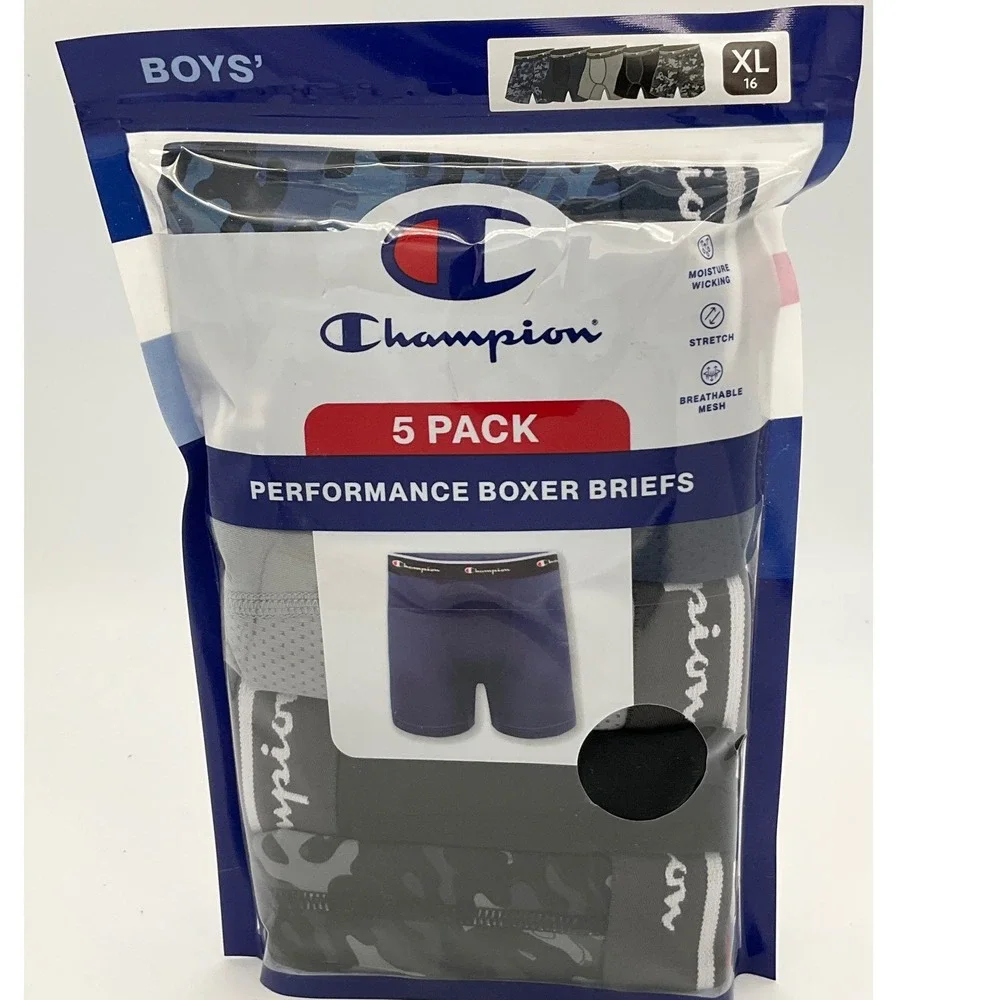 Champion Boys 5 Pack Performance Boxer Briefs XL 16 Blue Grey Camo